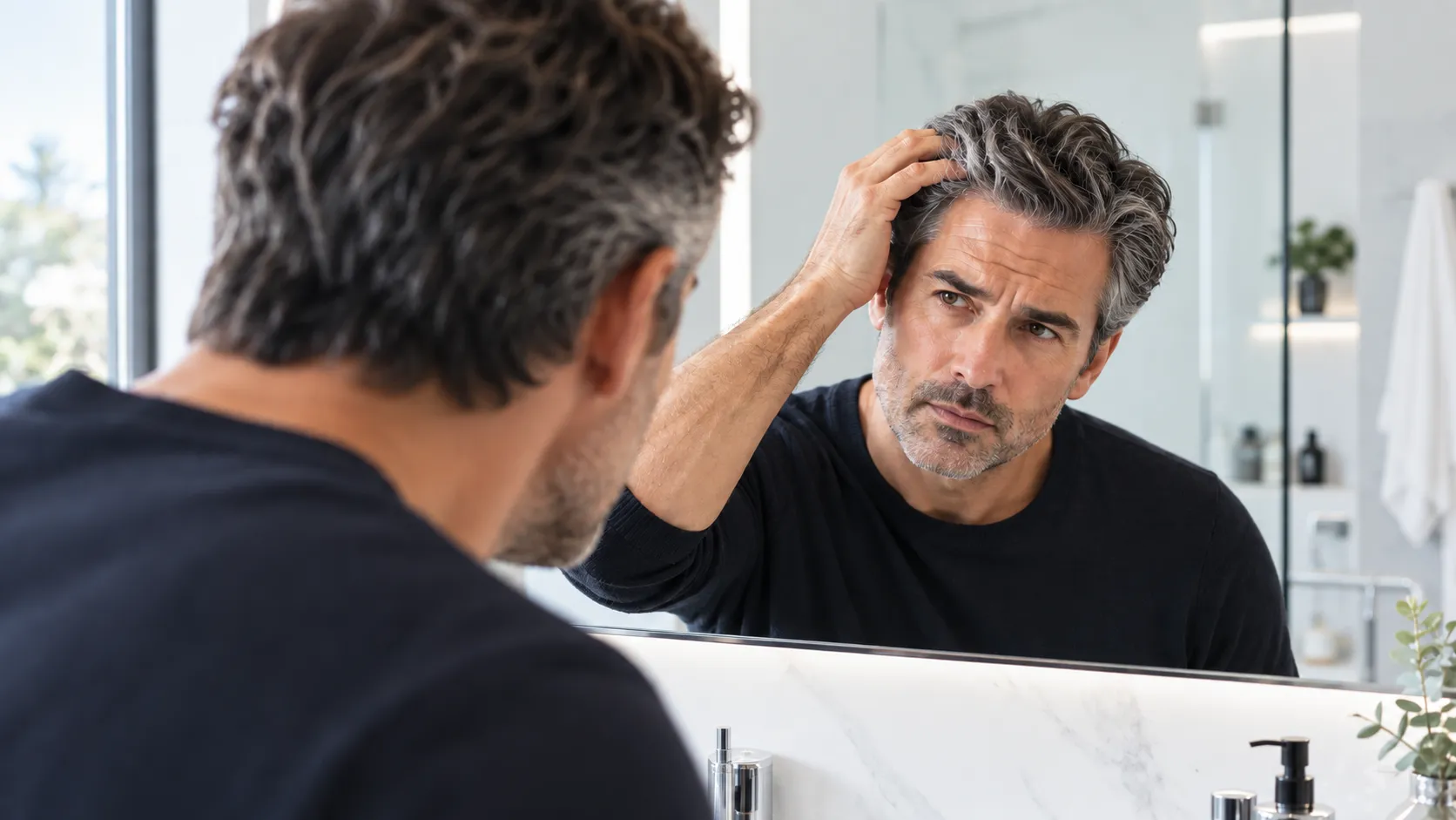 Hombre con canas mirándose al espejo