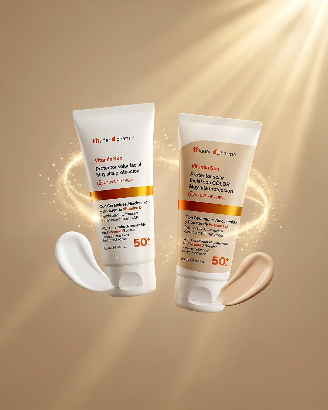 Protectores solares faciales sin color y con color de Vitamin Sun con Thader Pharma