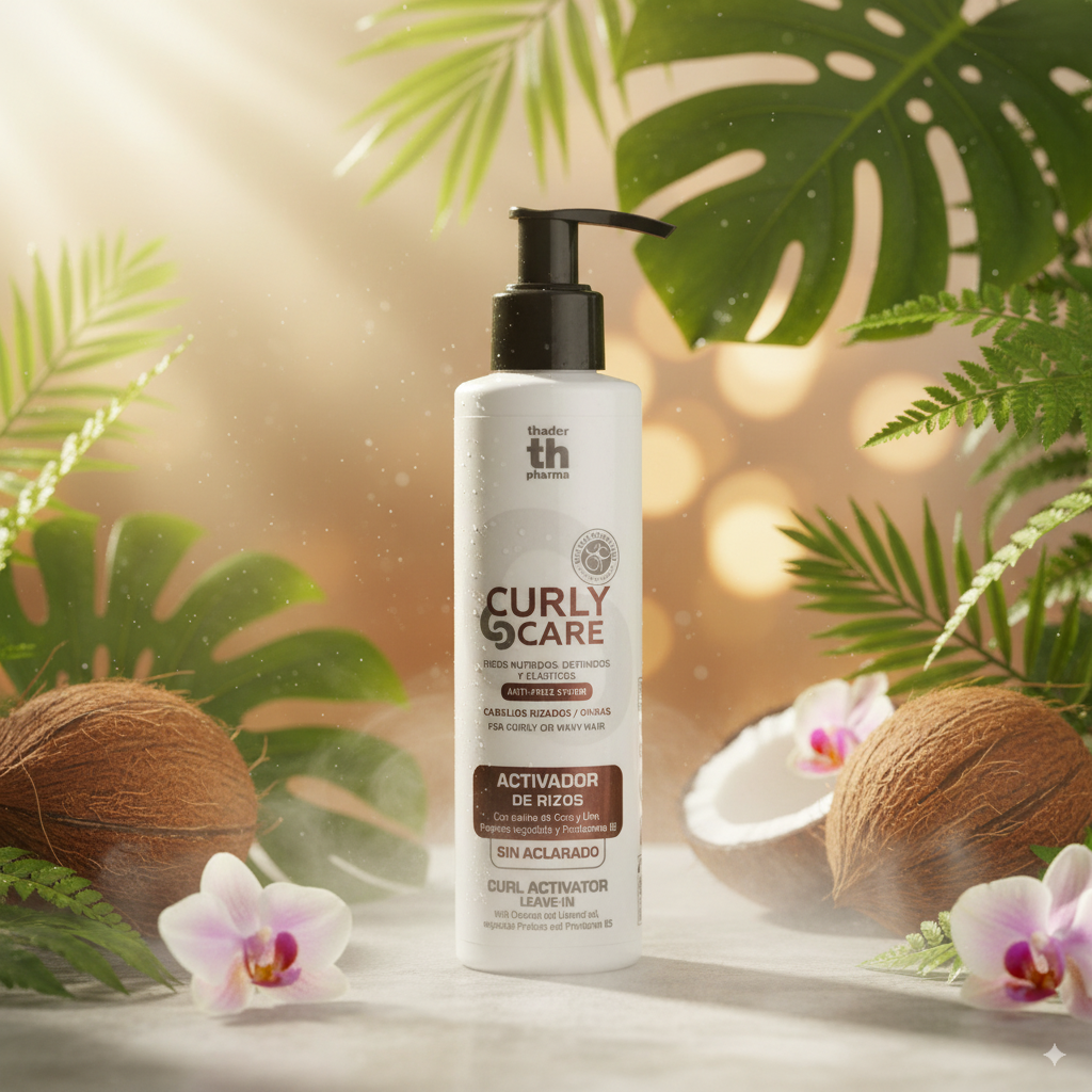 Botella del activador de rizos sin aclarado Curly Care de Thader Pharma, crema para definir e hidratar el cabello rizado.
