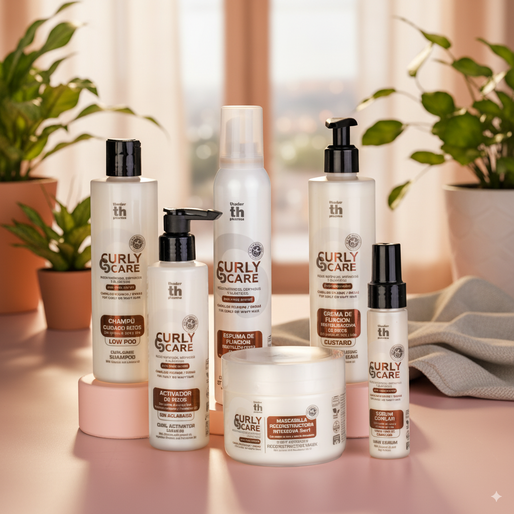Gama completa Curly Care de Thader Pharma para el cuidado del cabello rizado y ondulado.