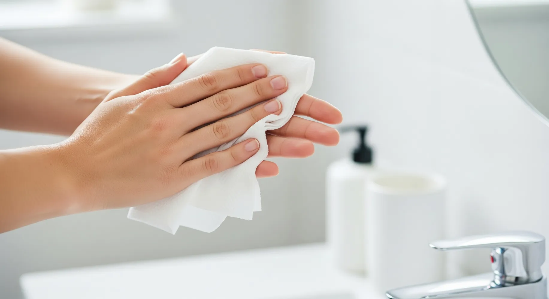 Persona lavándose las manos y secándolas con una toalla